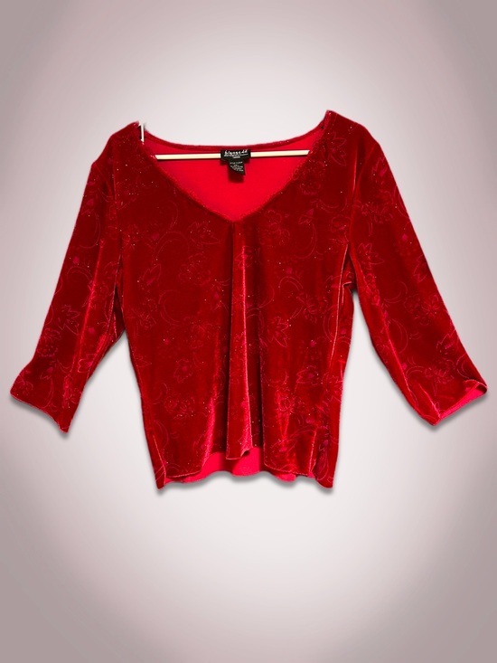 Tops - Ruby red glittery flor velvet 90s vintage top with lace neckline